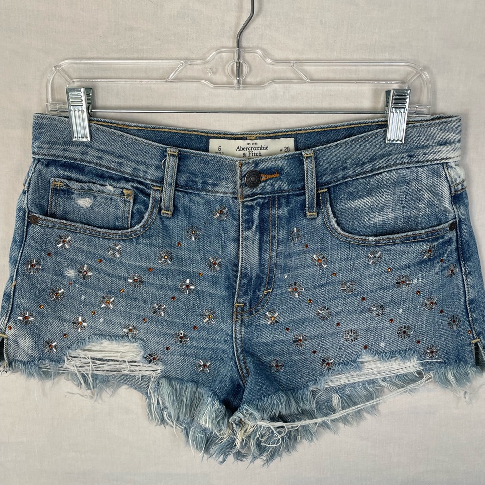Abercrombie & Fitch Light Wash Embellished Denim Shorts - Blue
